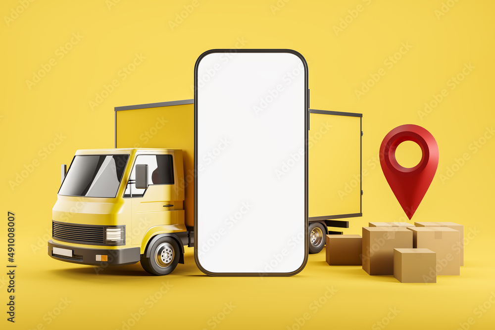 Poster truck with parcels and map pointer with mockup phone screen