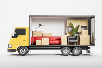 Truck with furniture and boxes, relocation and moving. Delivery company