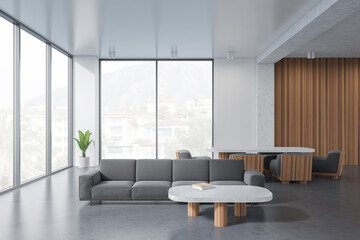 Light living room interior with sofa and seats, panoramic window