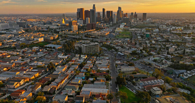 Los angeles aerial view, flying with drone. Los Angeles Downtown Cinematic Drone of Top Aerial View.