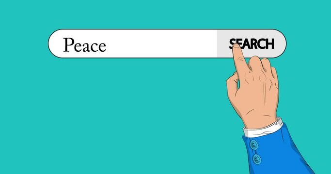 Virtual search bar with the text Peace. Businessman pushing his right hand index finger to touch a search icon. 4k Comic Book style animation.