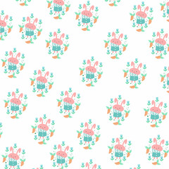 Seamless pattern. Portrait of cute bunny with carrots and flowers. pattern For valentine,bed sheets, cover bed, baby pajamas, print, packaging, decoration, wallpaper and design