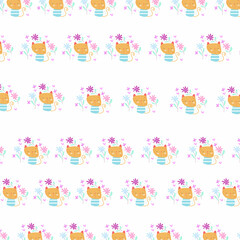 Seamless pattern. Portrait of cute cat with flowers. pattern For valentine,bed sheets, cover bed, baby pajamas, print, packaging, decoration, wallpaper and design