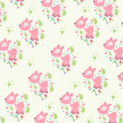 Seamless pattern. Portrait of cute pink mouse deer with love and flowers. pattern For valentine,bed sheets, cover bed, baby pajamas, print, packaging, decoration, wallpaper and design