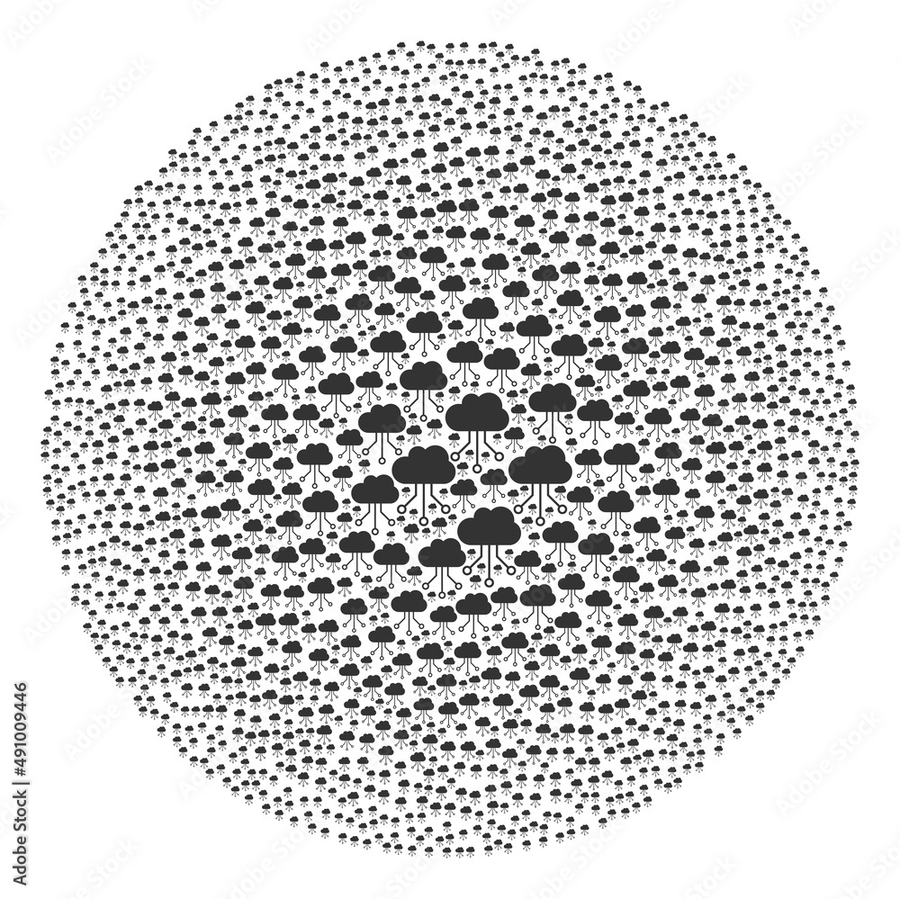 Poster cloud connections symbols are grouped into round collection. cloud connections icon round collage. a