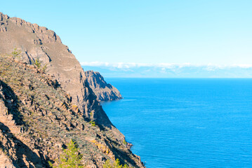 Lake Baikal at sunny summer day. Beauty of nature concept. Soft focus