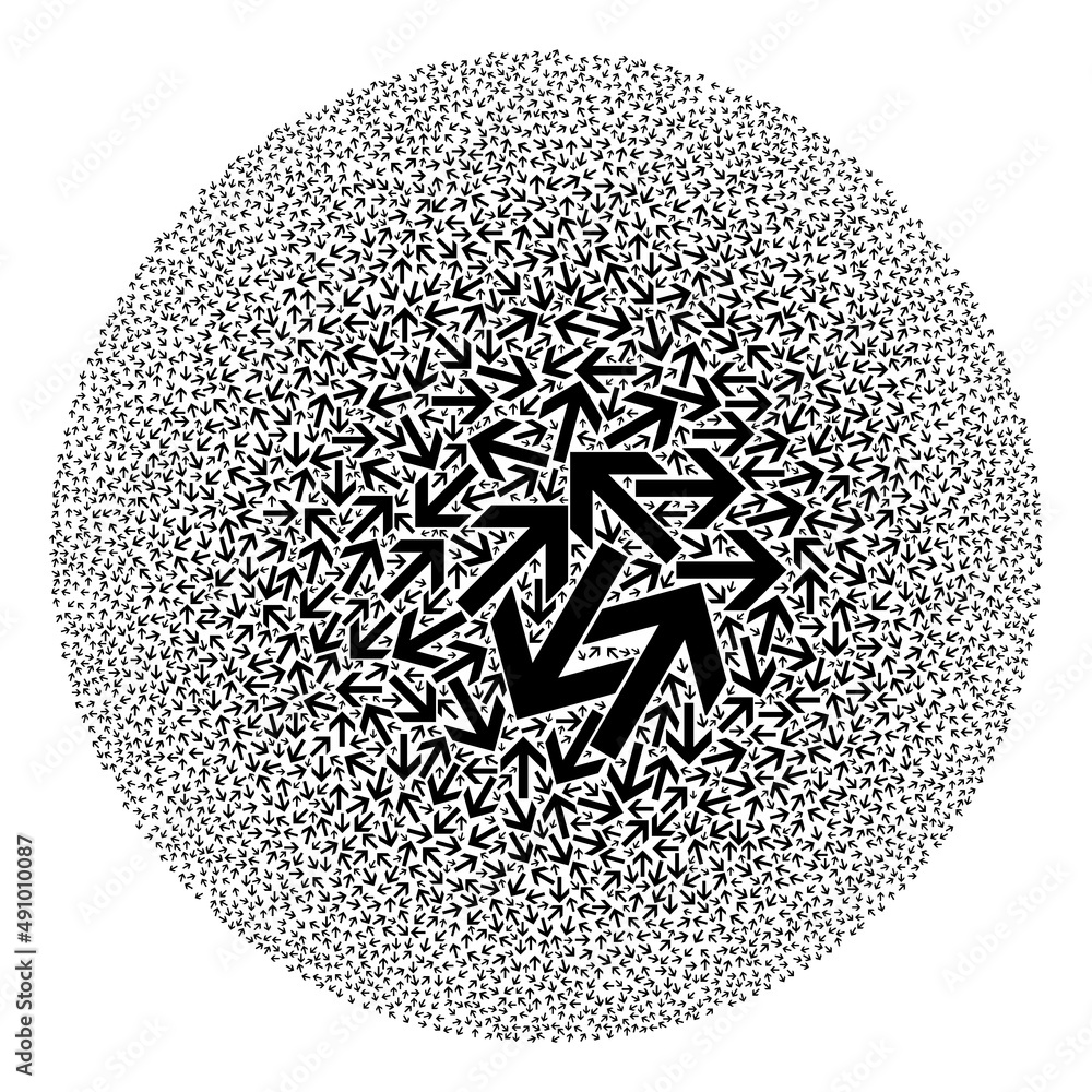 Poster direct arrow symbols are organized into circle group. direct arrow icon round collage. abstraction r