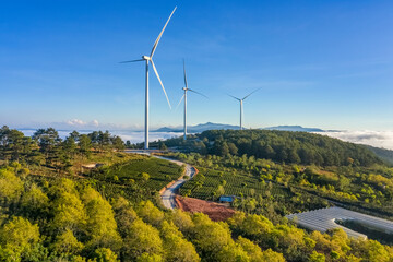 Aerial view of wind farm at Cau Dat town, Dalat, Lam Dong, Vietnam