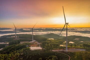 Aerial view of wind farm at Cau Dat town, Dalat, Lam Dong, Vietnam