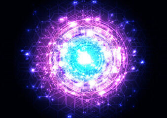 Big data visualization. Artificial intelligence technology. futuristic digital mesh communication light glowing on dark violet and blue background, illustration vector design background.