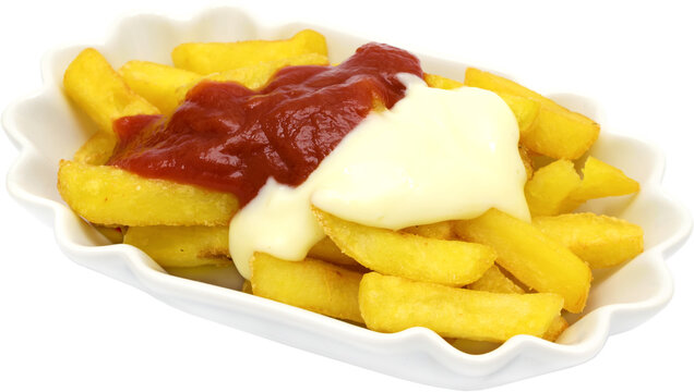 Pommes mit Mayonaise und Tomatenketchup (rot wei&szlig;)