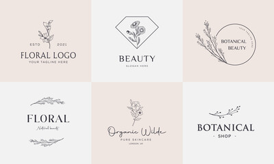 Botanical Floral element Hand Drawn Logo with Wild Flower and Leaves. Logo for spa and beauty salon, boutique, organic shop, wedding, floral designer, interior, photography, cosmetic.