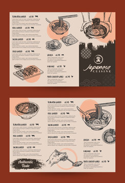 Food sketch, Japanese menu template, Ramen and gyoza. Vector