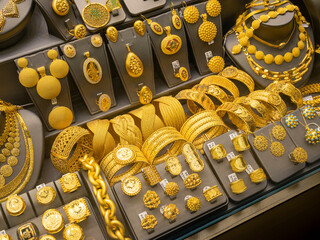 Gold decoration on display in a jewelry store