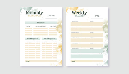 2 Set of minimalist planners with watercolor stains. Weekly, monthly planner template. - obrazy, fototapety, plakaty