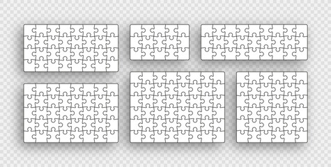 Puzzle pieces. Jigsaw outline grids. Simple mosaic layout with separate shapes. Set of thinking games. Modern puzzle background. Collection laser cut frames. Vector illustration. - obrazy, fototapety, plakaty