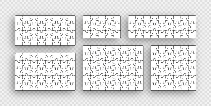 Puzzle pieces. Jigsaw outline grids. Simple mosaic layout with separate shapes. Set of thinking games. Modern puzzle background. Collection laser cut frames. Vector illustration.