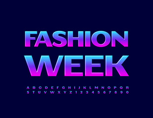 Vector stylish poster Fashion Week. Trendy glossy Font. Gradient color Alphabet Letters and Numbers set