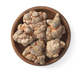 Dried notoginseng in the wooden bowl,  isolated on white background, top view