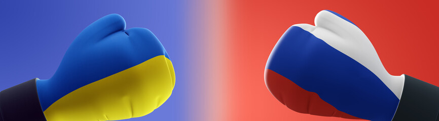 3D illustration of boxing gloves represent diplomatic relations between Ukraine and russia. 