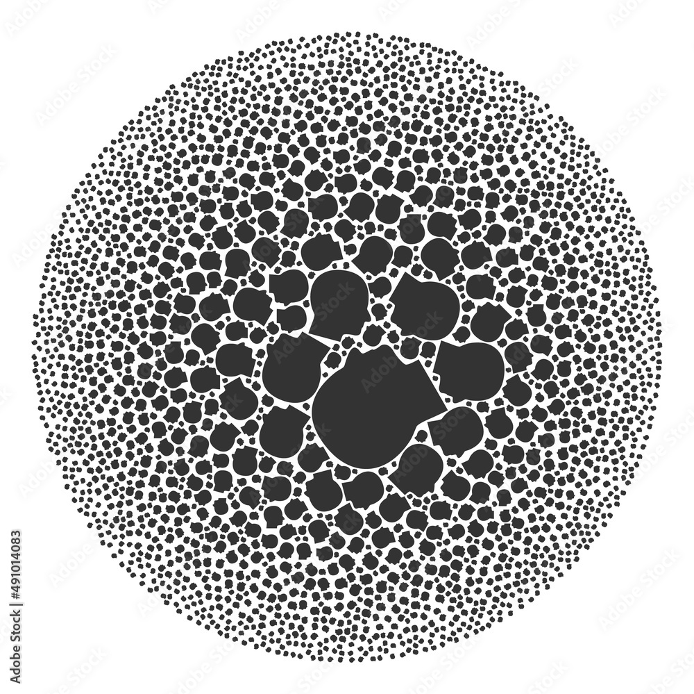 Poster human head symbols are composed into round group. human head icon round mosaic. abstraction spheric 