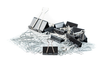 Set of clips and clamps of different sizes to hold sheets of paper, isolated on white background.