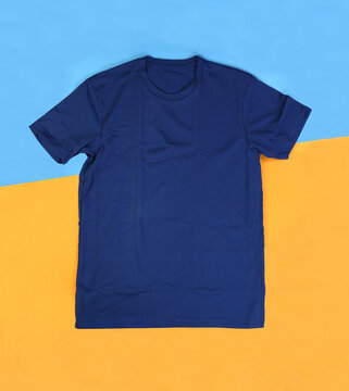 Front Navy Blue Tshirt Mockup On Pastel Background