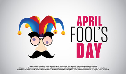 April Fools Day text and funny glasses jester hat vector illustration for greeting card, ad, promotion, poster, flier, blog, article, marketing, signage, email