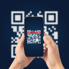 Hand using mobile smart phone scan Qr code. Barcode reader, Qr code payment, Cashless technology,...