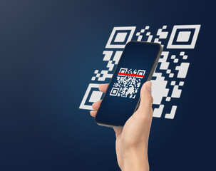 Hand using mobile smart phone scan Qr code. Barcode reader, Qr code payment, Cashless technology, Digital money concept.