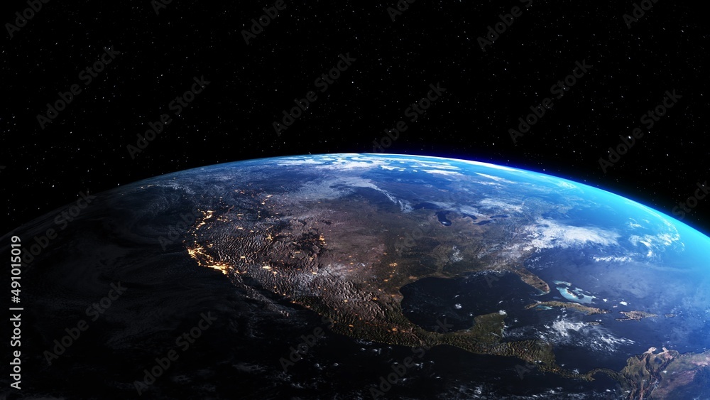 Poster planet earth with realistic geography surface and orbital 3d cloud atmosphere . outer space view of 