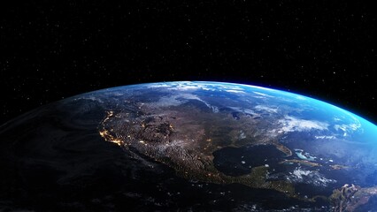 Planeet aarde met realistisch geografie oppervlak en orbitale 3D wolkenatmosfeer. Outer space weergave van wereldbol bol van continenten. 3D grafische weergave. Elementen van deze afbeelding geleverd door NASA.