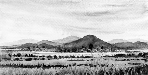  Landscape paintings black and white drawing of mountain farm garden.