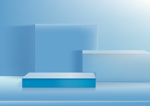 Display podium product light blue and white podium. Abstract 3D product background soft blue rendering with square vertical and holizontal scene. Stage for product