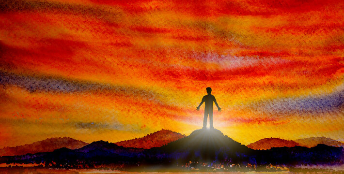 Paintings panorama colorful of one man on mountain in the twilight
