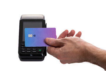 Attached plastic card to the payment terminal with a man's hand on a white isolated background