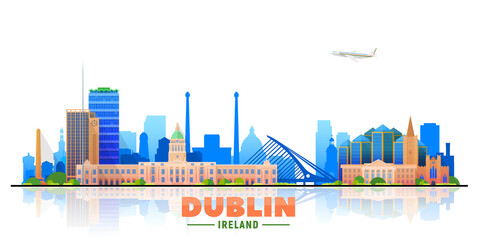 Naklejka premium Dublin, ( Ireland ) city skyline vector illustration white background. Business travel and tourism concept with modern buildings. Image for presentation, banner, website.