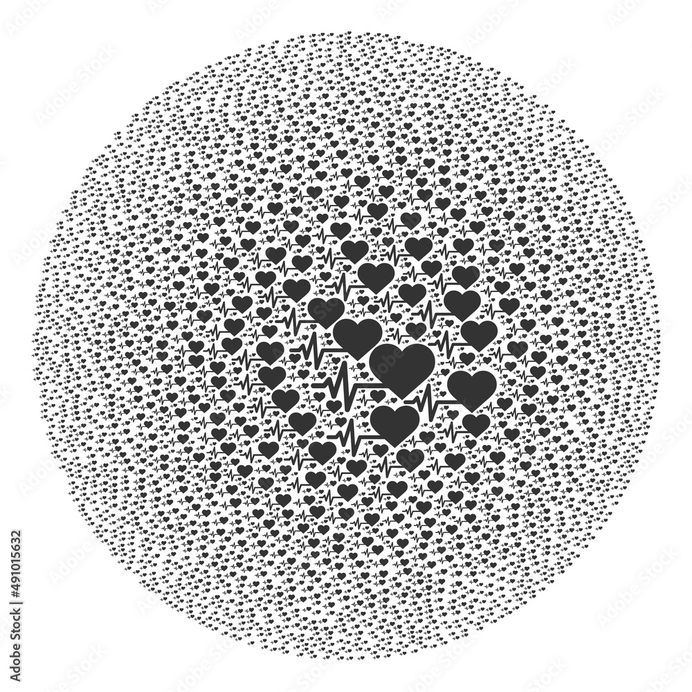 Poster heart pulse symbols are scattered into ball group. heart pulse icon bubble mosaic. abstraction round