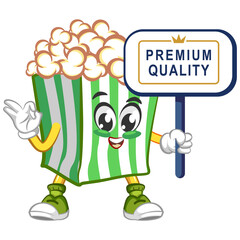 Cute popcorn character showing a board that says premium quality. Vector hand drawn cartoon kawaii mascot illustration icon. Isolated on white background. 