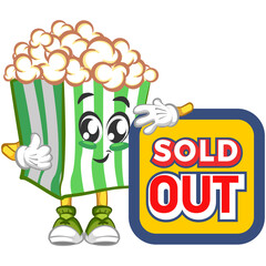 Cute popcorn character showing a board that says sodl out. Vector hand drawn cartoon kawaii mascot illustration icon. Isolated on white background. Popcorn character concept