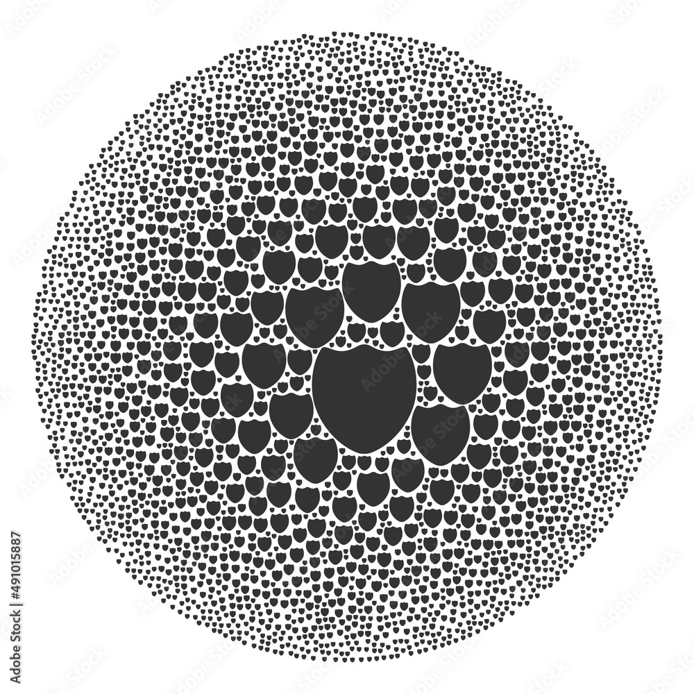 Poster shield symbols are organized into spheric collection. shield icon bubble composition. abstract round