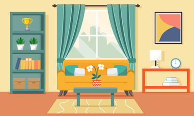 Interior of the yellow living room. The design of a cozy room with a sofa, Lamp, flower, and window has a city view. Vector illustration flat graphic design with nobody for banner, and background.