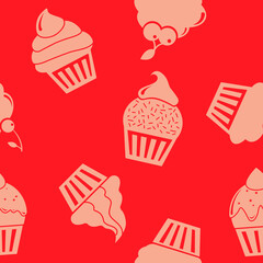 Vector seamless pattern with cupcakes. Pink trendy background with cupcake silhouettes.