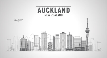 Auckland ( New Zealand ) skyline with panorama in white background. Vector Illustration. Business travel and tourism concept with modern buildings. Image for presentation, banner, website.