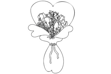 Black and white line art flowers in bouquet. Bouquet with heart shape. Heart shape contour, outline bouquet vector illustration.