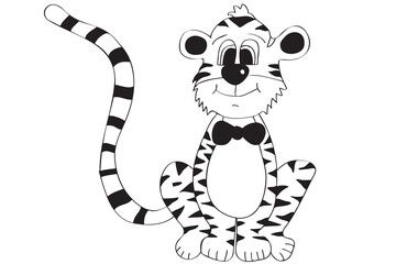 Tiger cartoon illustration. Black and white cartoon happy tiger vector illustration, isolated on white background.