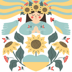 Pray for Ukraine vector illustration with girl, birds, heart and flowers in yellow-blue colors