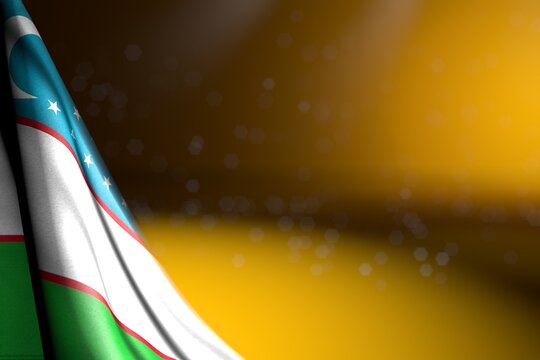 nice picture of Uzbekistan flag hanging diagonal on yellow with bokeh and empty space for your content - any holiday flag 3d illustration..