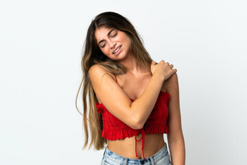 Fototapeta premium Young caucasian woman isolated on white background suffering from pain in shoulder for having made an effort