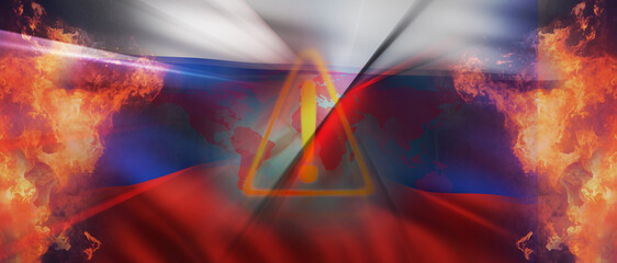 flag of Russia abstract dark red with warning symbol and fire and flames background 3d-illustration